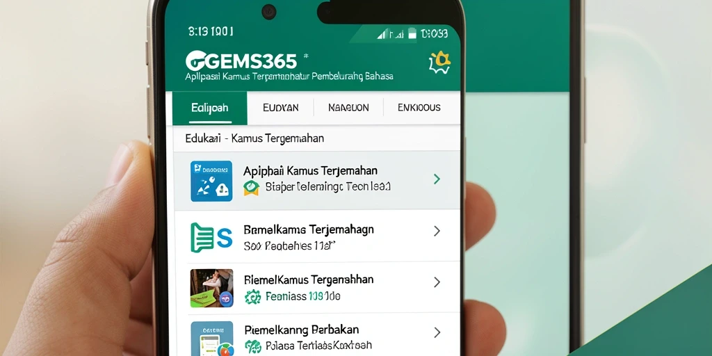 Screenshot antarmuka GEMS365 yang menunjukkan fungsi Kamus Terjemahan.