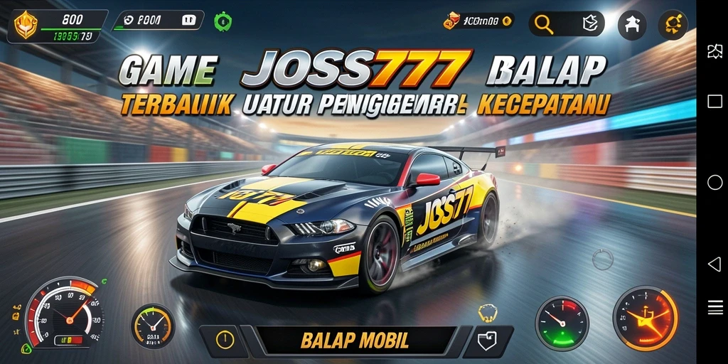 Tampilan antarmuka JOSS777 saat balapan mobil di jalur berkecepatan tinggi.