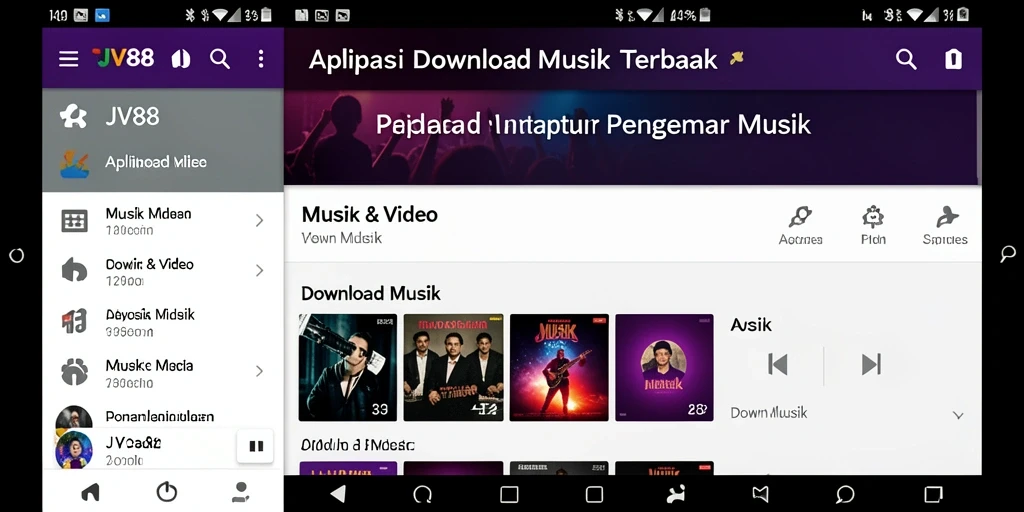 Antarmuka aplikasi JV88 yang intuitif untuk download musik.